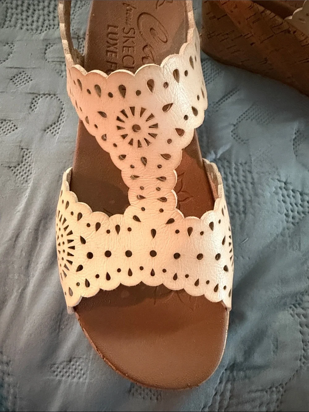 Skechers White Laser-Cut Cork Wedge Sandals